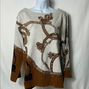 Chico’s Size Large Brown Gray Belt Design Pullover Wide Neck Sweater